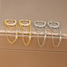 欧美跨境S925银针 INS链条锆石流苏设计感时尚耳圈耳扣百搭耳环女