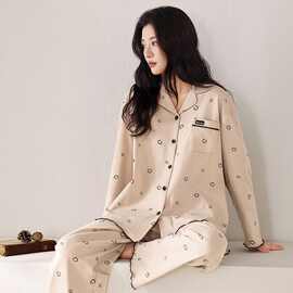 100%纯棉睡衣女士春秋款长袖开衫可外穿新款休闲宽松家居服两件套