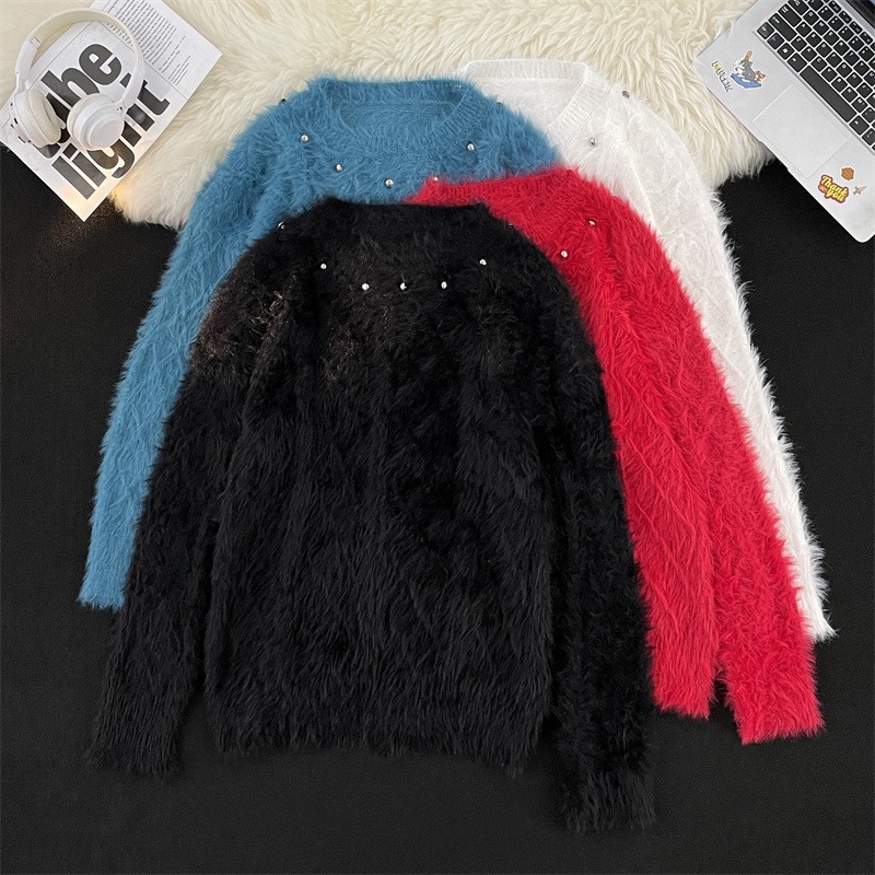 Men's Clothing mink sweater button flower design beaded high weight knitted sweater furry pullover lazy trend men_voghion.com