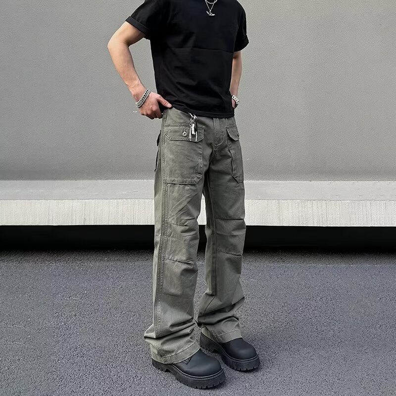 American Style High Street Multi-Pocket Crane Pants Boys Loose Straight Wide Leg Horn Long Pants Retro Street Casual Pants