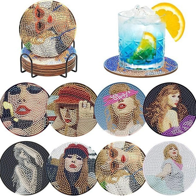 Diamante de dibujos animados almohadillas de taza letras rojas textura de madera hecha a mano puntos de perforación aislamiento térmico antideslizante diamante juguetes de pegatinas