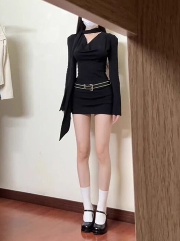 2025新款美式辣妹风荡领连衣裙女装夏季御姐风长袖黑色包臀短裙子|undefined