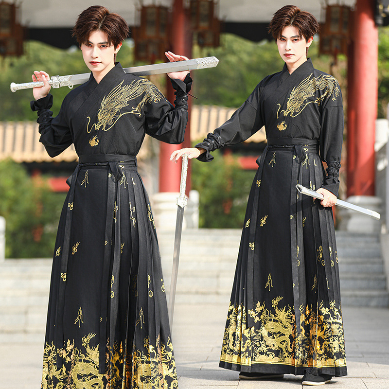 2024 New Real Shot Men's Chinese Style Embroidered Long Sleeve Top with Collar Bronzing Horse Face Skirt Hanfu Martial Arts cp suit