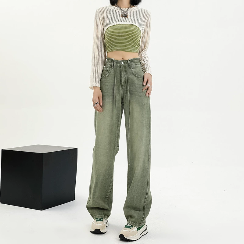 Американские зеленые прямые джинсы Женская весна 2023 Новый стиль нишевые высокие улицы с широкими ногами и длинные брюки