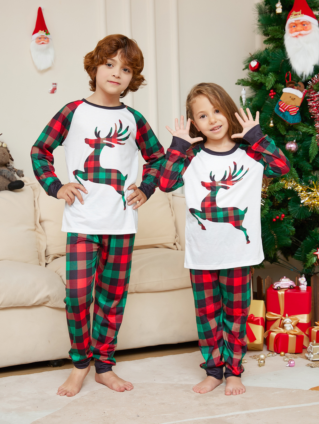 Jogger Pants Pants Type T-shirt Tops Type Family Look Plaid Reindeer Printing Pant Co-ord Set T-shirt Two-Piece Sets