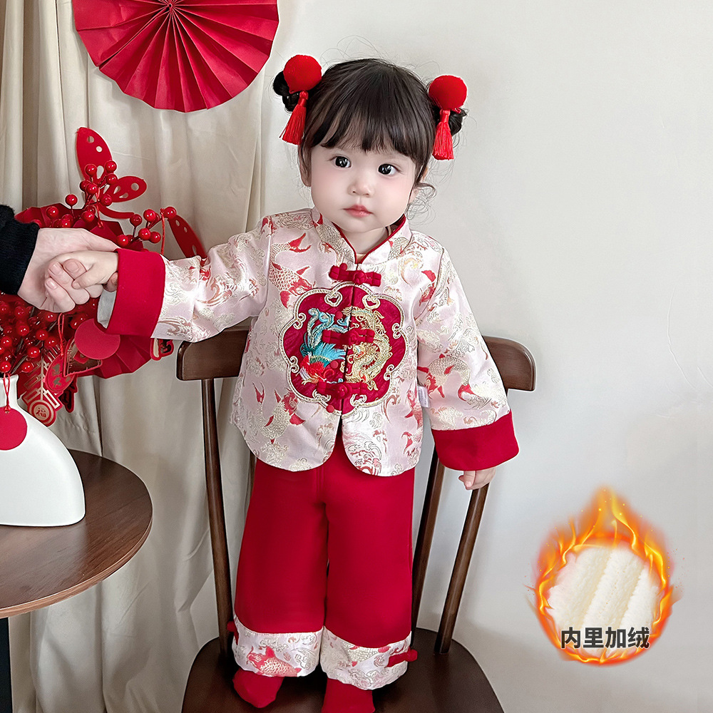 宝宝中式加绒两件套汉服女童套装3975冬装儿童衣服喜庆拜年服汉服