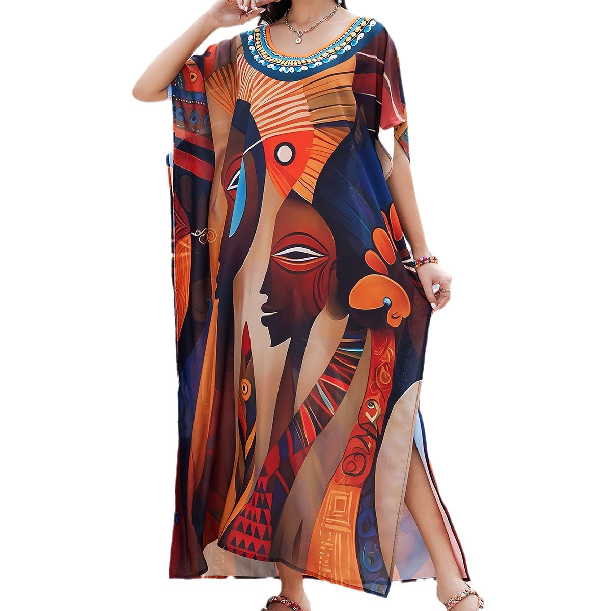 Women's Clothing Ethnic Style Printed Beach Cover Up Women's Robe Bikini Sun Protection Shirt Casual Resort Dress Fashion_ecoleips.com
