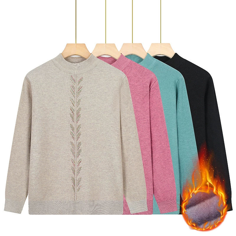 Осенне-зимняя базовая рубашка для женщин среднего возраста, одежда для молодых мам, однотонный топ с декором из страз, трикотаж для женщин среднего и старшего возраста.