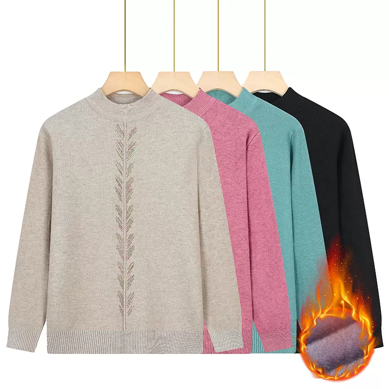 秋冬中年女士打底衫年轻妈妈装纯色烫钻装饰上衣中老年女装针织衫