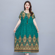 外贸棉绸连衣裙女夏天大码气质宽松胖妈妈遮肚显瘦休闲碎花长裙子