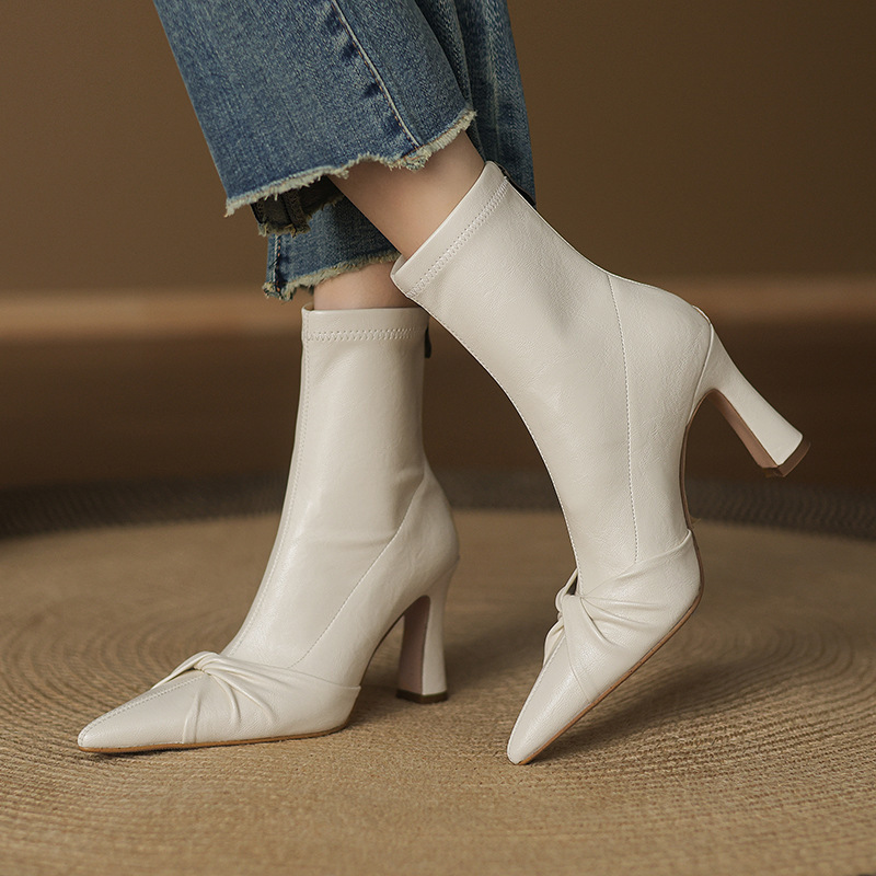 9cm Elegant Sexy Women's Elastic Slim Boots 2024 Winter New Style Literary High-Heeled Short Boots Women's Slim Fit