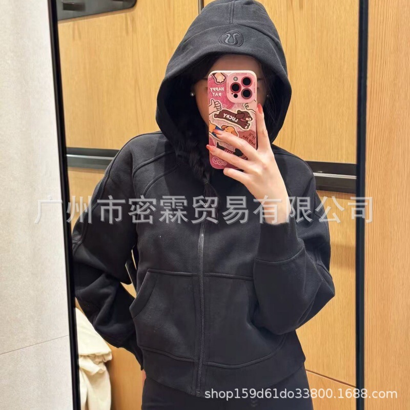 Lulu Embroidered Original Label Scuba Hooded Loose Sweatshirt Full Zipper Long-Sleeved Casual Shirt Fleece-Lined Jacket Short Style for Women