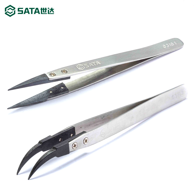 世达不锈钢防滑防静电镊子尖头宽头弯头镊子03161 03162 03163