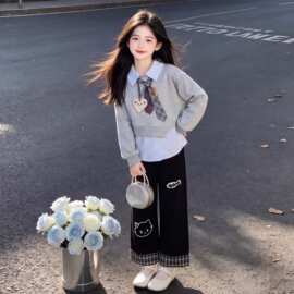 【未改】女童春秋新款时尚个性翻领卫衣休闲格纹拼接阔腿裤两件套