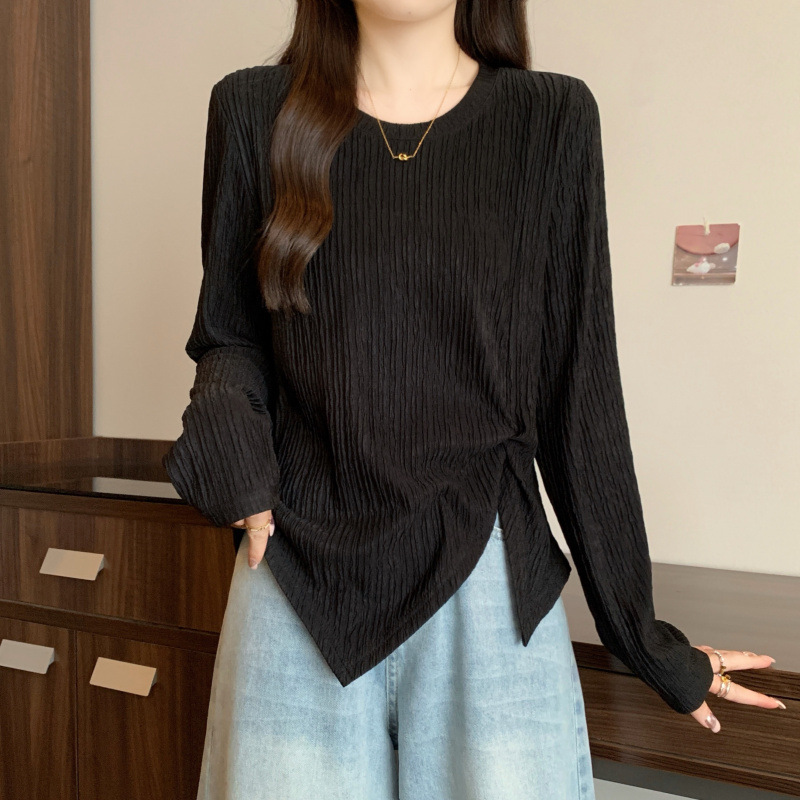 2025秋季新款胖mm大码设计感长袖T恤不规则收腰正肩打底上衣女|undefined