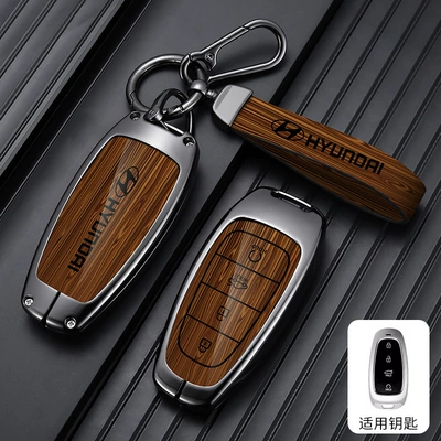 Car key bag: Tucson L Key Cover 21/22 - standard-type-c-4-buttons-wood-grain-brown-leather-buckle