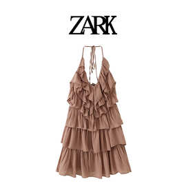ZARK 欧美新款薄纱挂脖领叠层装饰短款连衣裙 跨境外贸女装批发