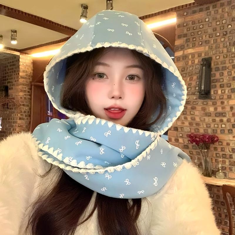 可爱笑脸帽子围巾一体女秋冬韩系百搭保暖连帽披肩亚马逊跨境现货|undefined