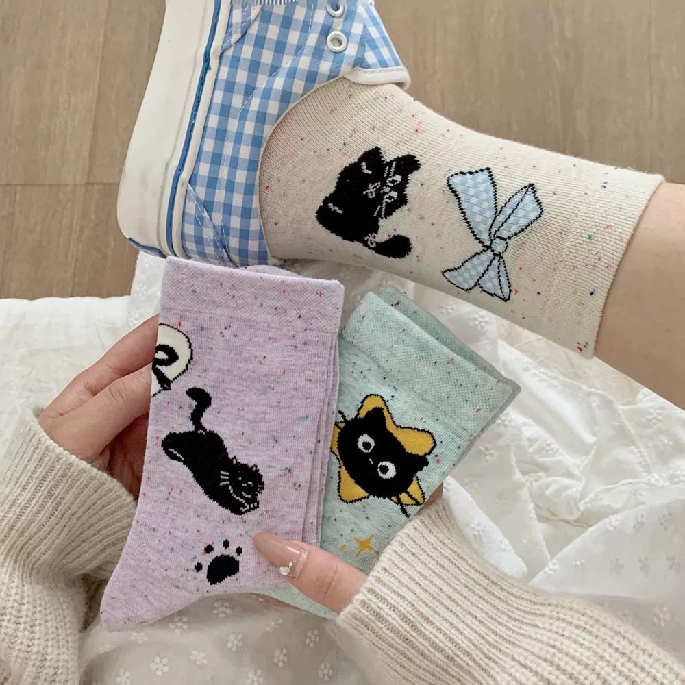 俏皮童趣貓咪點子紗堆堆襪子女卡通ins中筒襪蝴蝶結少女可愛棉襪