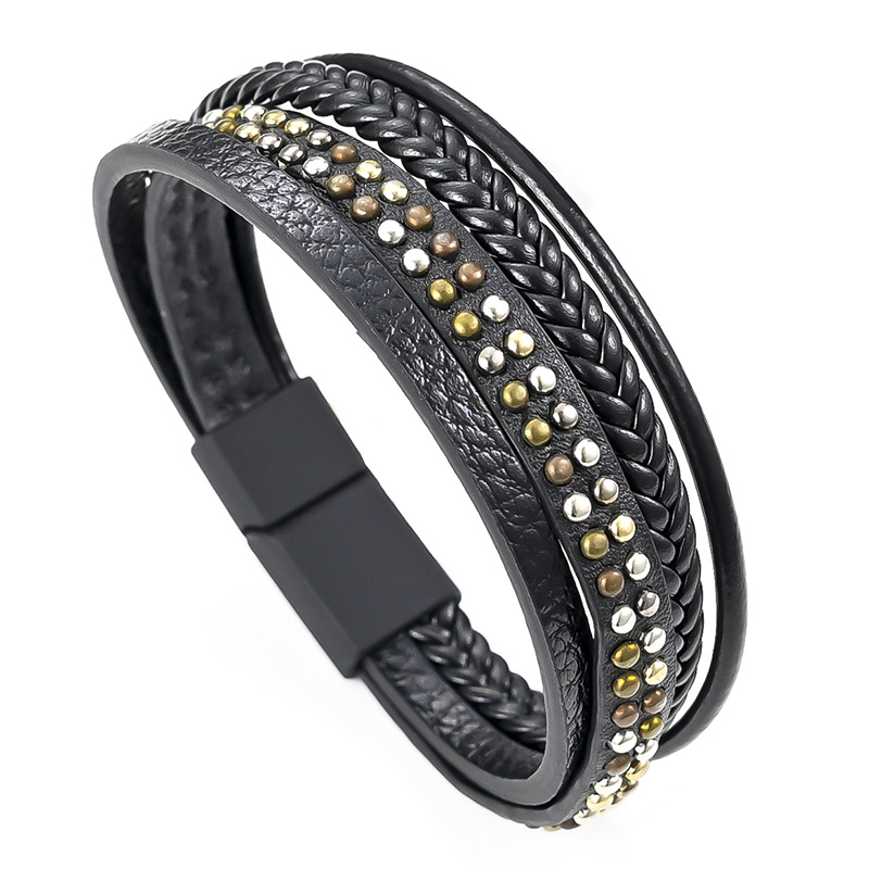 New rivet cowhide rope braided bracelet fashion multi-layer magnet buckle men's bracelet punk hip-hop factory direct