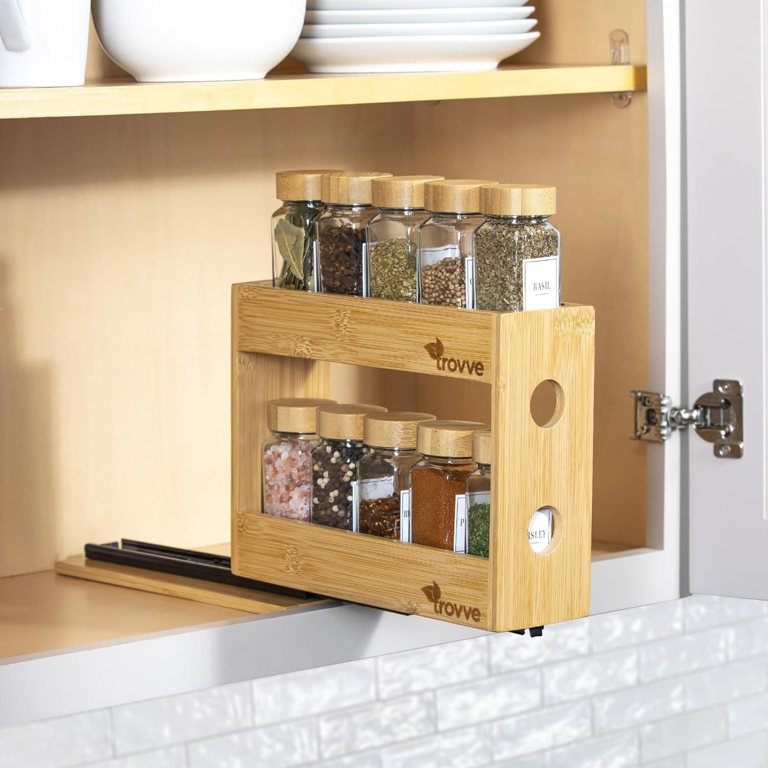 Household solid wood seasoning storage wood rack spice finishing rack condiment can storage rack double-layer bamboo and wood storage rack