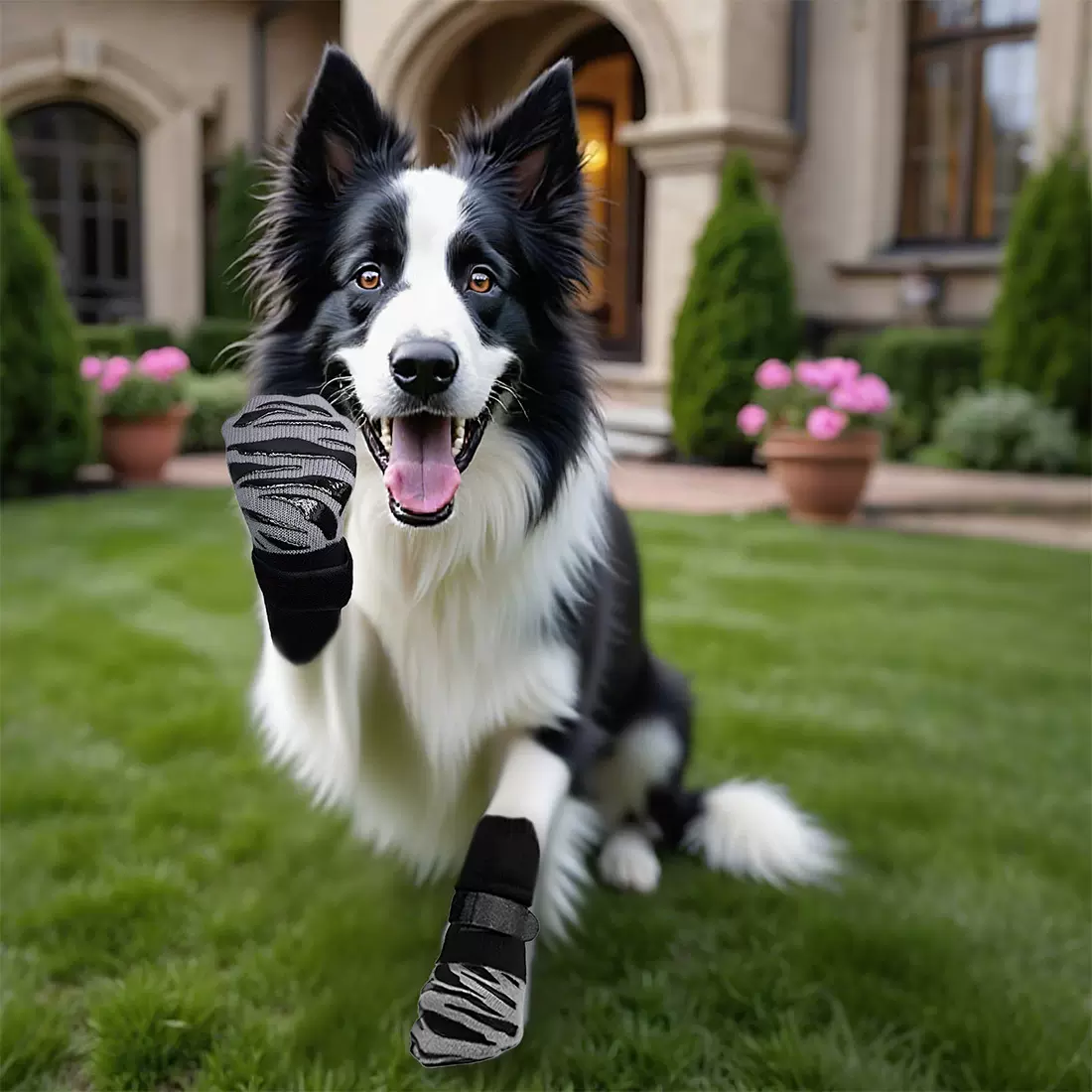 亚马逊防滑宠物袜子狗狗袜套黑色绑带透气pvc胶印中大型犬地板袜