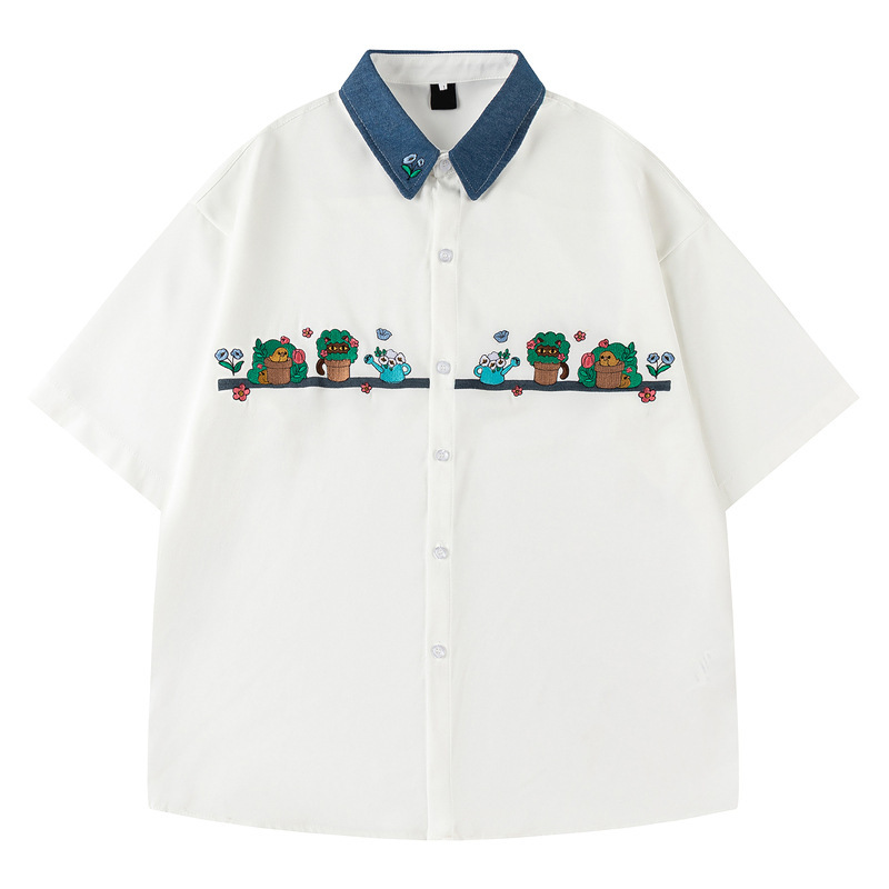 Japanese-Style Fresh College-Style Plant Floral Embroidery Denim Collar Short-Sleeve Shirt Unisex Loose Bf Thin Striped Shirt