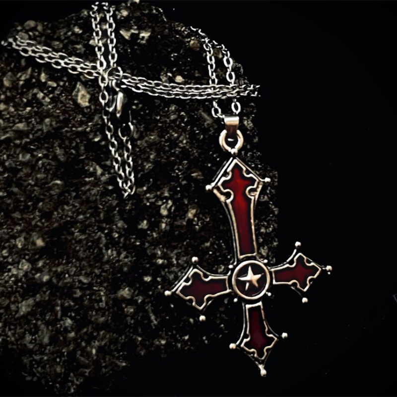 Amazon Cross-Border Blood-Red Gothic Inverted Cross Pendant Necklace Jewelry European and American Punk Style Cross Ornament
