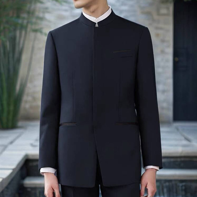 Stand Collar Black Tuxedo Men's Spring and Autumn Youth Tang Suit Banquet Performance Outfit Groom Wedding Suit Chinese-Style Suit