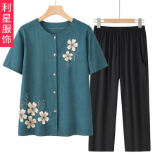 夏季新款妈妈衬衣休闲中老年人印花衬衫套装奶奶上衣短袖圆领薄款