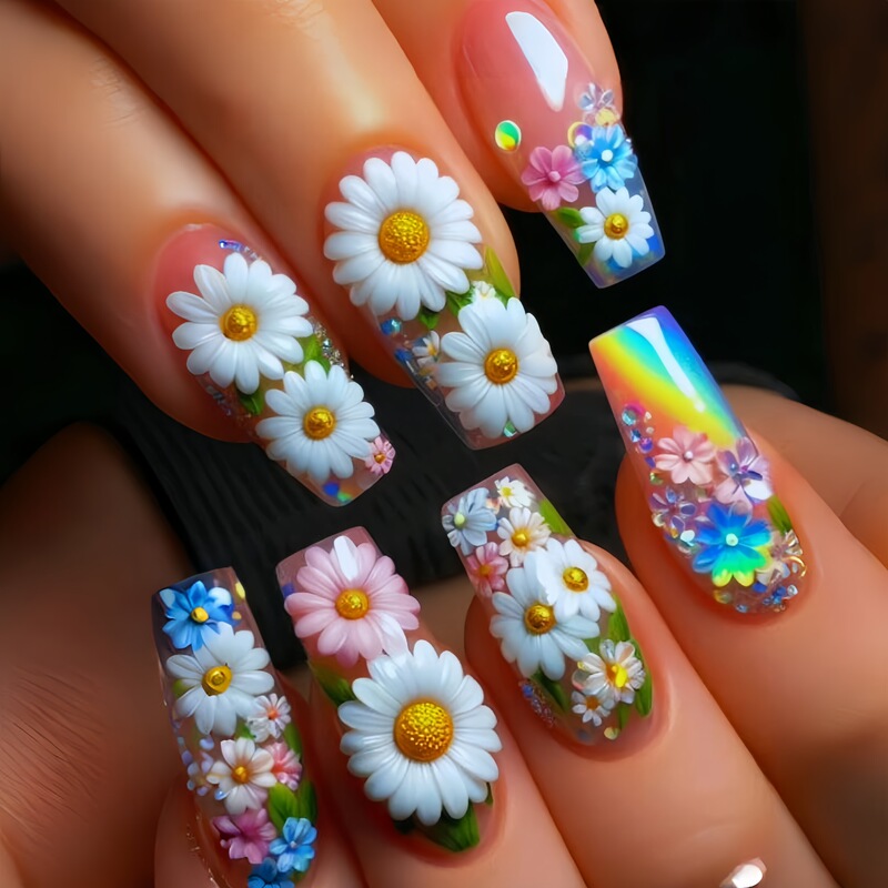 Mid-Length European Square Manicure Patches European and American Best-Selling Style Rainbow Flower Pattern Fake Nails Removable 24