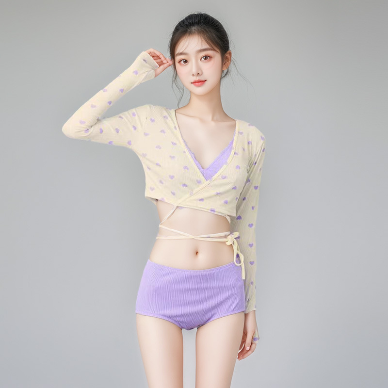 Bañador de tres piezas para mujeres, manga larga, cintura alta, traje de baño de vacaciones, cintura alta