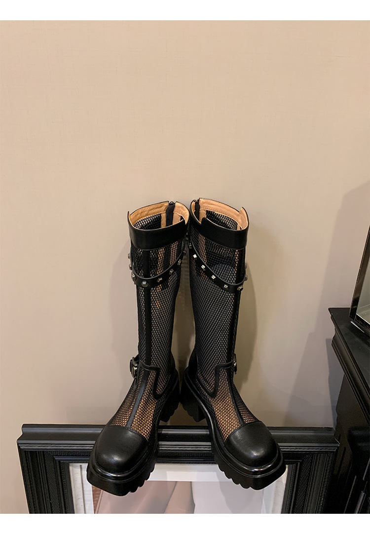 Boot nữ cổ cao lưới xuyên thấu đinh tán đế dày da thật — Ống rộng trắng kem, Ống rộng đen, Ống tiêu chuẩn trắng kem, Ống tiêu chuẩn đen chi tiết 25