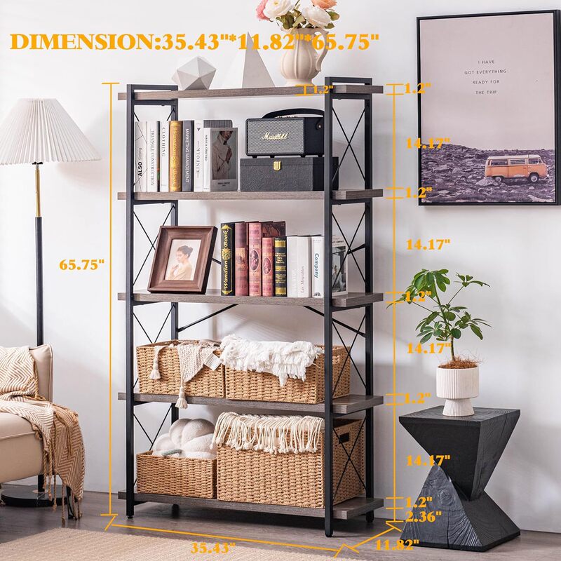 Freestanding Tall Bookshelf with Metal Frame Floor Bookshelf Four Tier Industrial Bookshelf Rustic Open Bookshelf