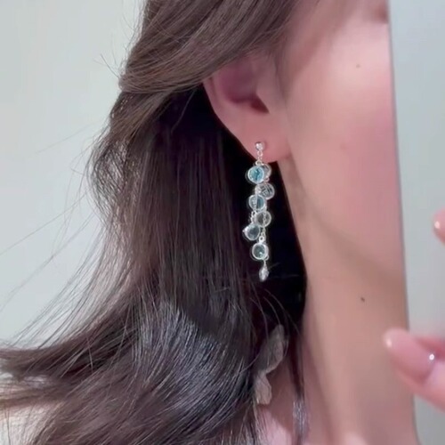Ice Blue Zircon Flowing fringe earrings, unisex design, long and elegant fashion earrings for women
