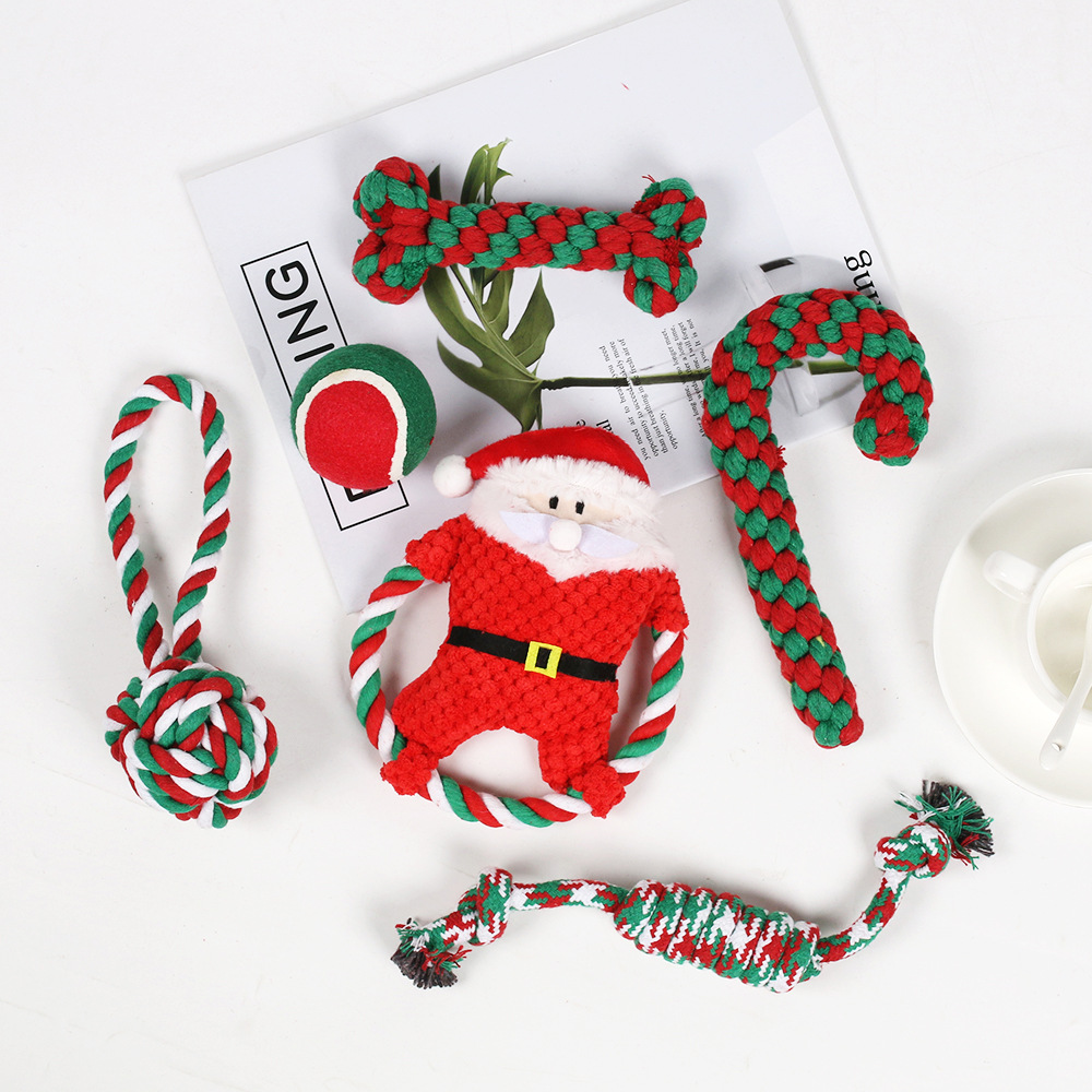 Juguetes para perros de gran venta transfronterizos, juego de juguetes de cuerda de algodón navideños para mascotas, juguete para la dentición, alivio del aburrimiento, juguete navideño con nudos resistentes a las mordidas.