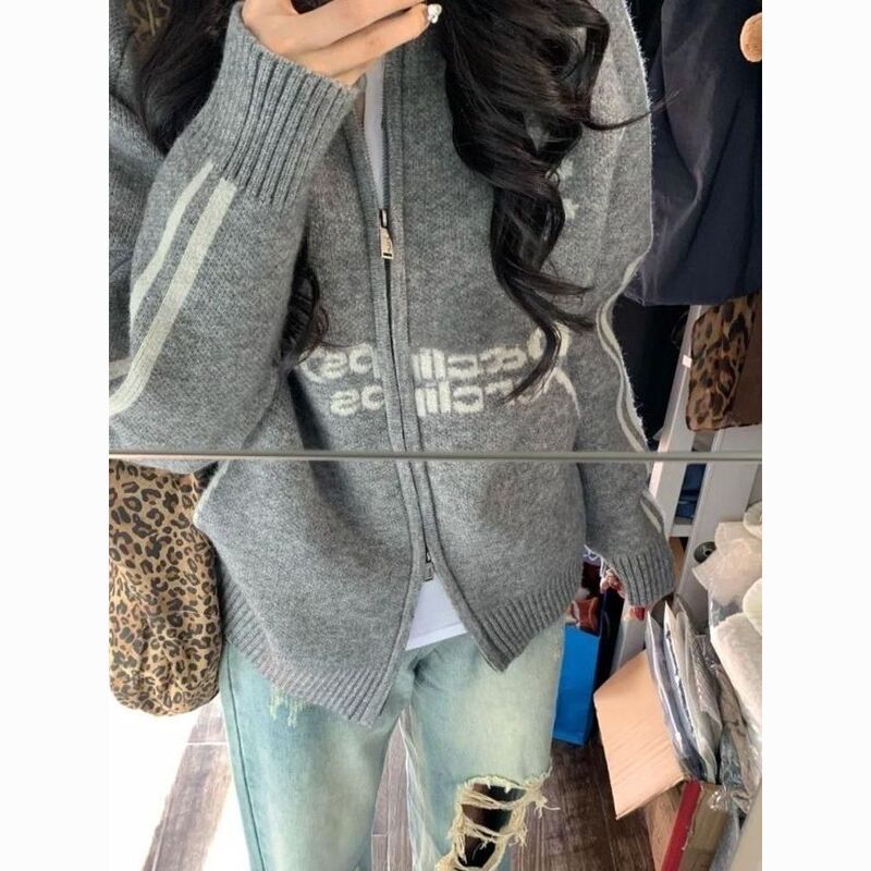美式复古上衣秋冬新款外套针织拉链棒球服慵懒宽松毛衣开衫百搭|undefined