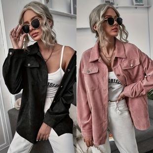 2025 European and American Cross-Border Autum New Corduroy Lapel Flap Pocket Pants Single-Breasted Long-Sleeved Loose Casual Shirt Jacket