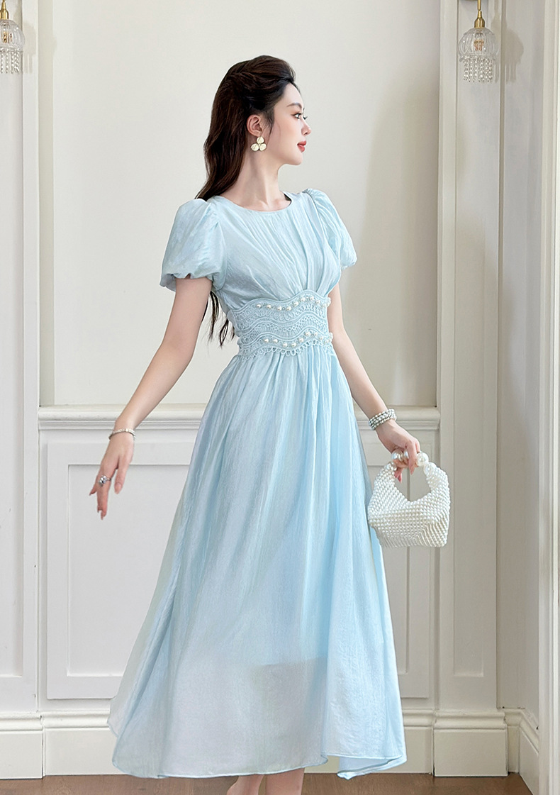 Đầm maxi nữ tay phồng thắt eo đính cườm dài qua gối — màu xanh chi tiết 12