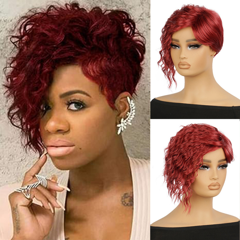 Black Bob short wig female wave roll elf Europe and the United States cross-border wine red chemical fiber full head cover factory wholesale