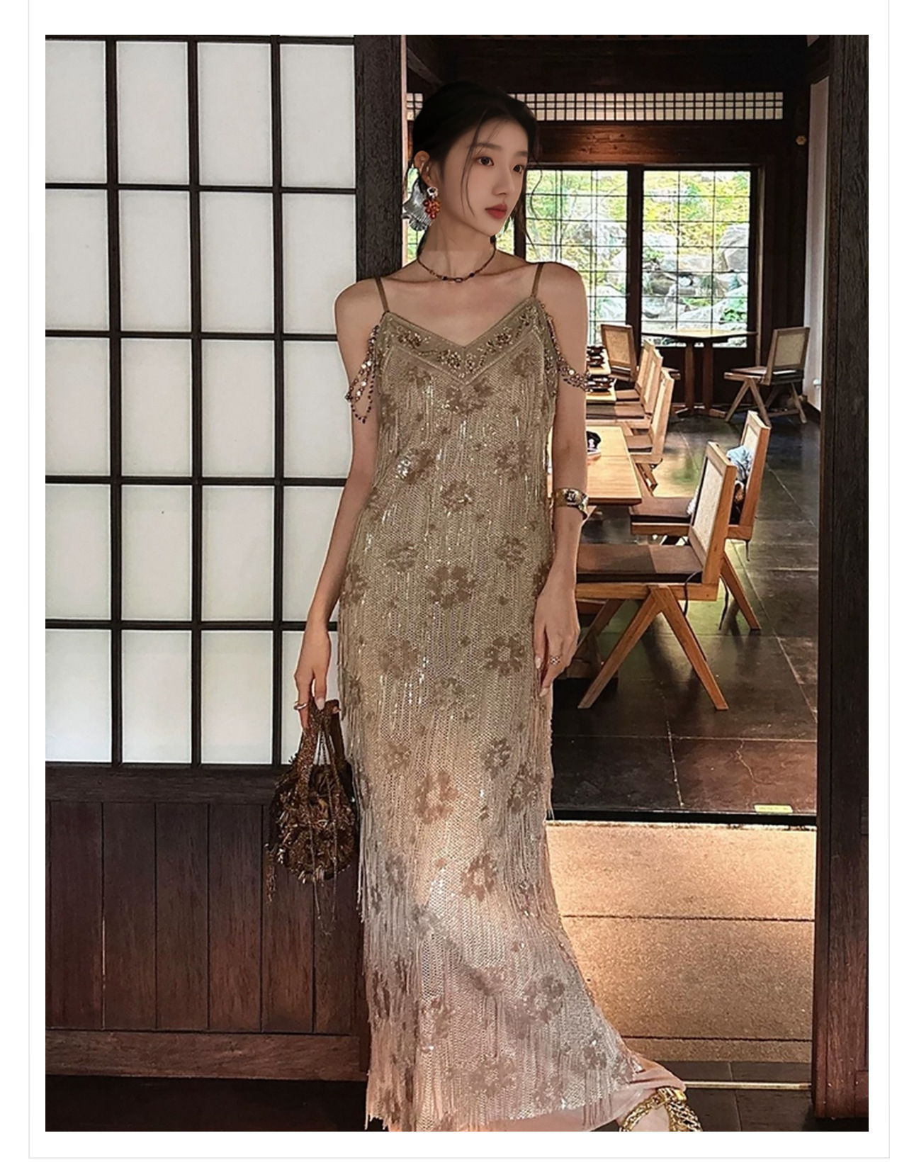 Đầm dây tua rua thêu lưới đính cườm phong cách Trung Quốc mới ZX N7012 — đen obsidian, cơm hạnh nhân chi tiết 3