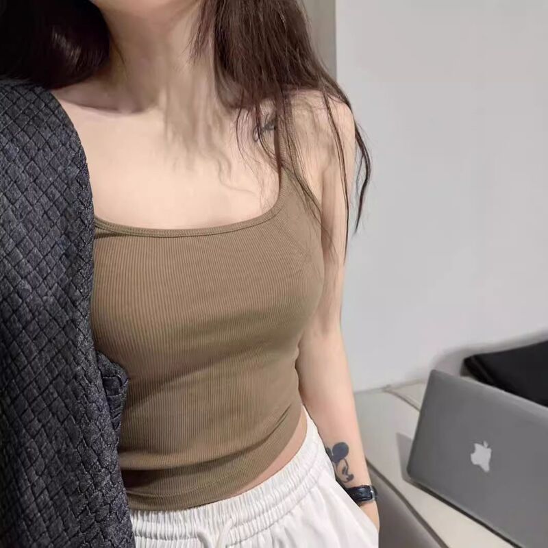 Korean Society Threaded Comfortable Small Square Collar Integrated Fixed Cup Camisole Slim-fit Slimming Inner Wearing Outer Wearing Basing Beautiful Back Korean Society Threaded Comfortable Small Square Collar Integrated Fixed Cup Camisole Slim-fit Slimming Inner Wearing Outer Wearing Basing Beautiful Back