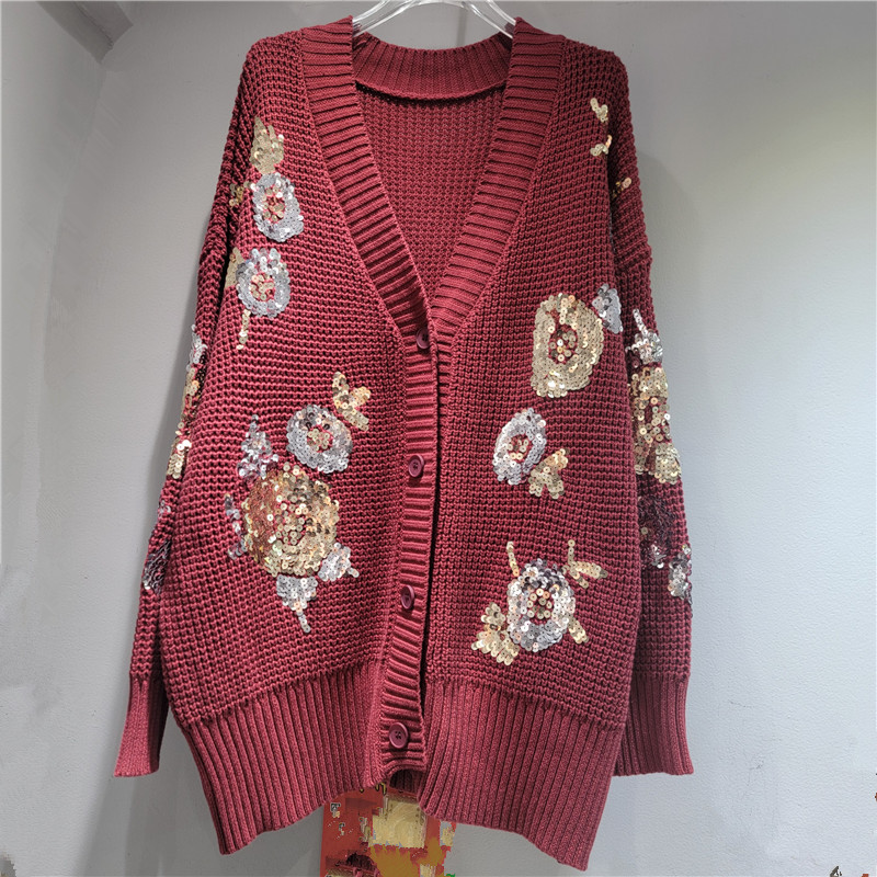 Diseño único de lentejas, cuerpo hermoso y pesado, diseño de flores, chaqueta de punto, cardigan para mujeres.