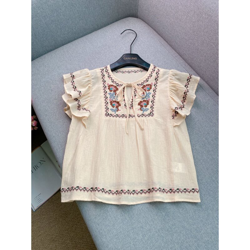 Retro Ethnic Style~Floral Cross-Stitch Embroidered Small Flutter Sleeve Shirt for Women, Pure Cotton Tie-Neck Round-Neck Youthful Niche Top Retro Ethnic Style~Floral Cross-Stitch Embroidered Small Flutter Sleeve Shirt for Women, Pure Cotton Tie-Neck Round-Neck Youthful Niche Top