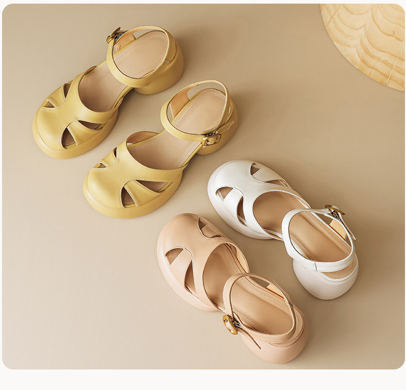Sandal gót thô da cừu bít mũi phong cách La Mã đế dày quai ngang hở gót — Màu vàng ngỗng chi tiết 23