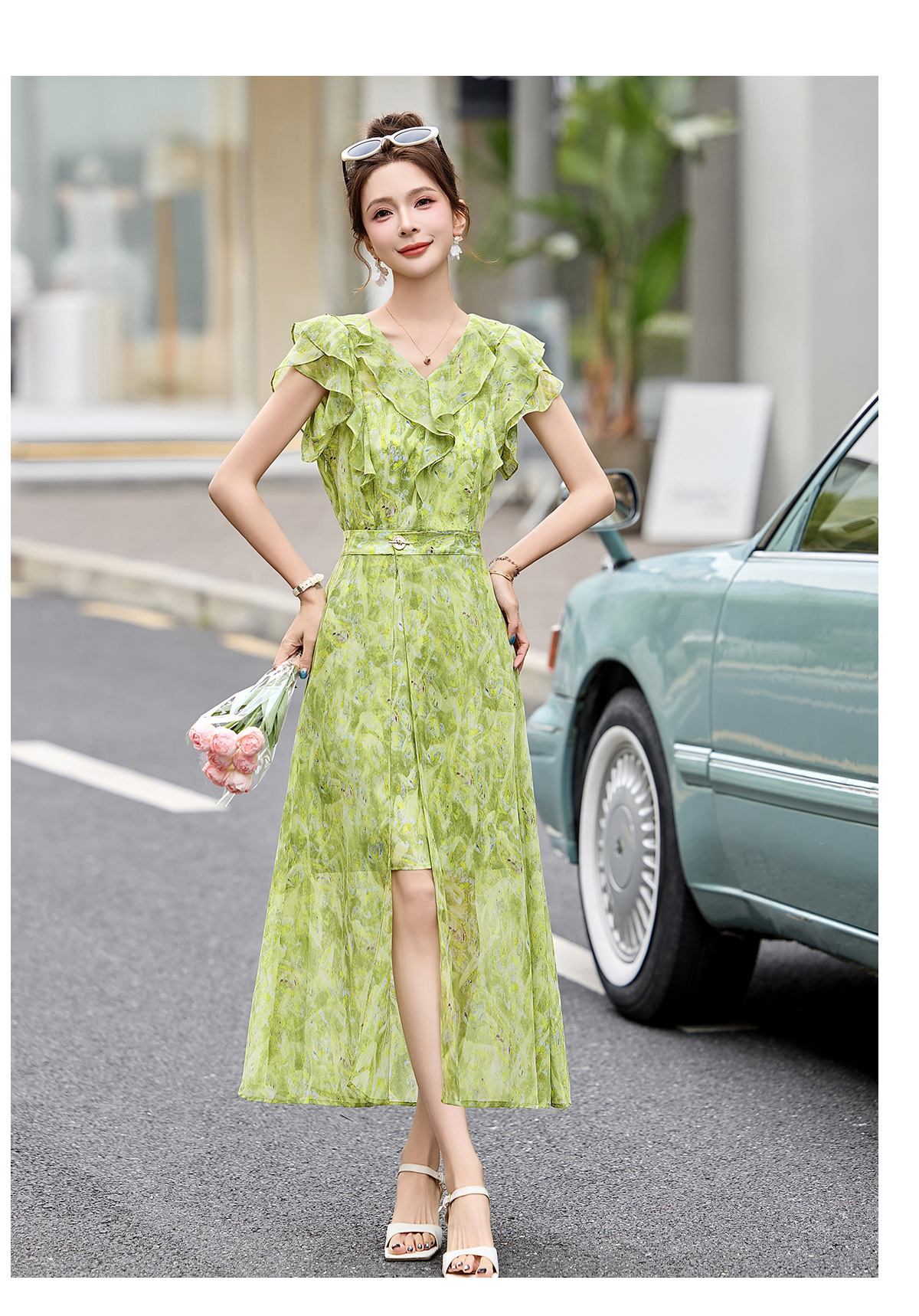 Đầm maxi nữ thắt eo cổ V in họa tiết hoa dáng dài — Hoa xanh lá cây, Hoa xám chi tiết 16