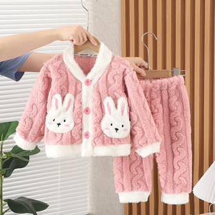 Girls' Flannel Pajamas suit Children's Autumn and Winter Clothes Handsome Boys' Baby fleece-lined Thickened Cotton Velvet Home Clothes