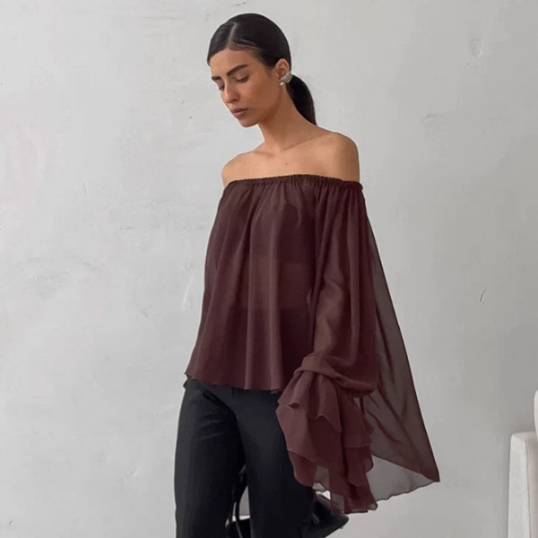2026 Spring/Summer New Sexy Deep Brown Off-Shoulder Ruffle Top Women's Thin Long-Sleeve Chiffon Shirt Wholesale 2026 Spring/Summer New Sexy Deep Brown Off-Shoulder Ruffle Top Women's Thin Long-Sleeve Chiffon Shirt Wholesale