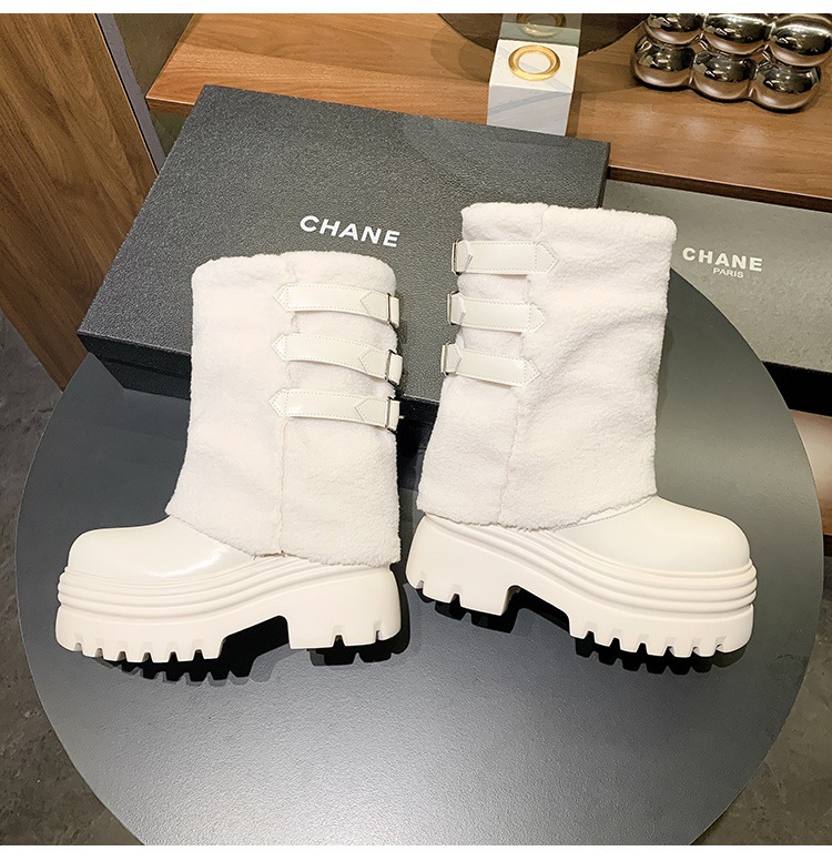 Giày boot nữ cổ thấp đế dày lông ấm khóa thắt lưng — Trắng nhạt 15CM chi tiết 20