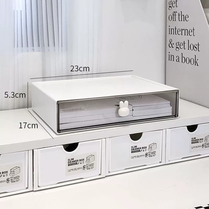 Transparent Drawer Storage Box Organizer, Stackable Desktop Rack with Rabbit Handles, Compact
